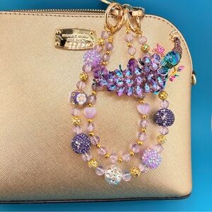 🦚Luxury Bag/Phone Chain Charm/Keychain Purple Rhinestone PEACOCK & Crystal Beads